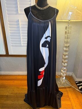 Graphic Face Maxi Dress with Red Lip Accent